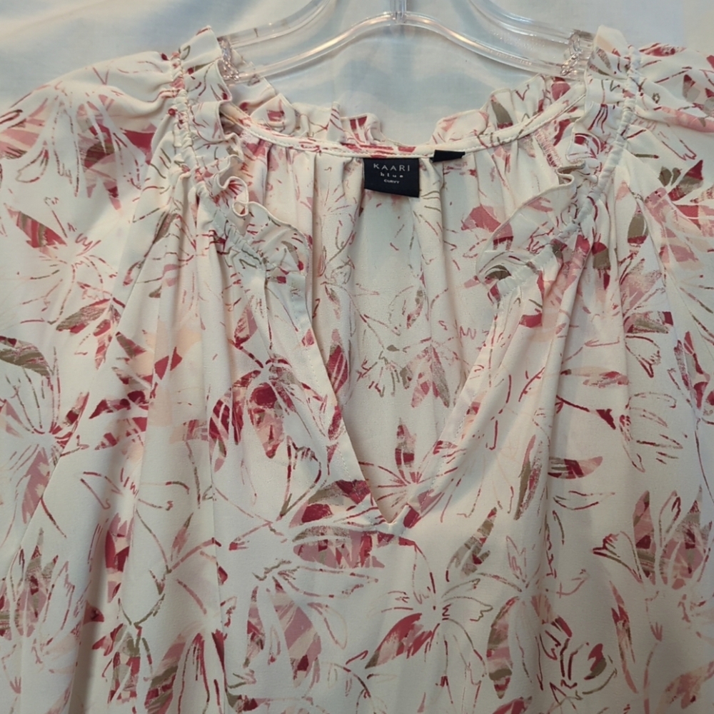 Women's Kaari Blue Round Ruffleneck Size 2X Long Ruffle Sleeve Floral Cream Pink - Picture 9 of 15